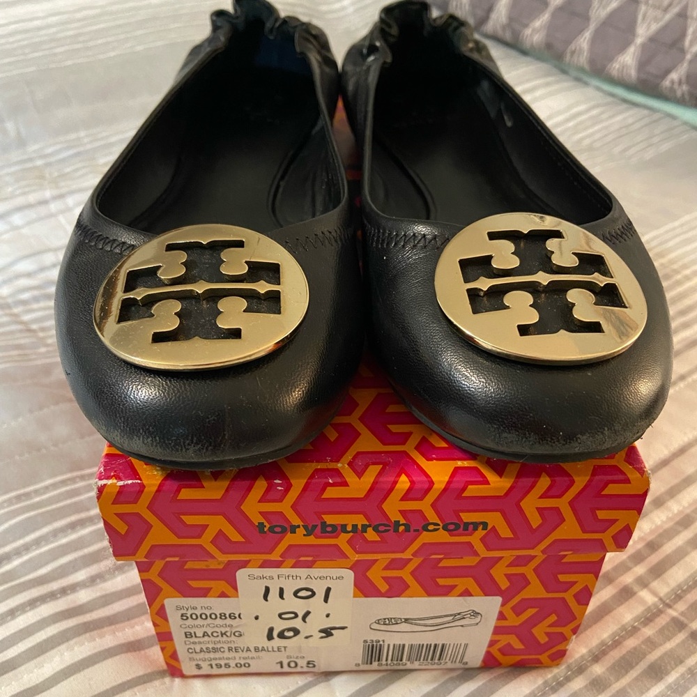 Tory Burch black leather Reva ballet flats size 10/10.5
